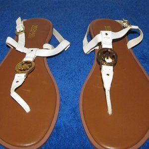 Michael Kors Gold and White T Strap Logo Sandals